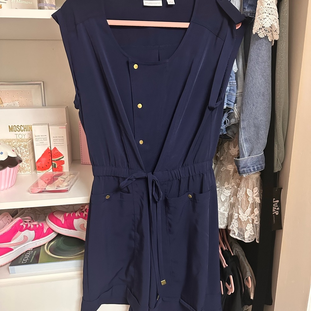 New York & Company Blue Buttoned Tie Front Sundress